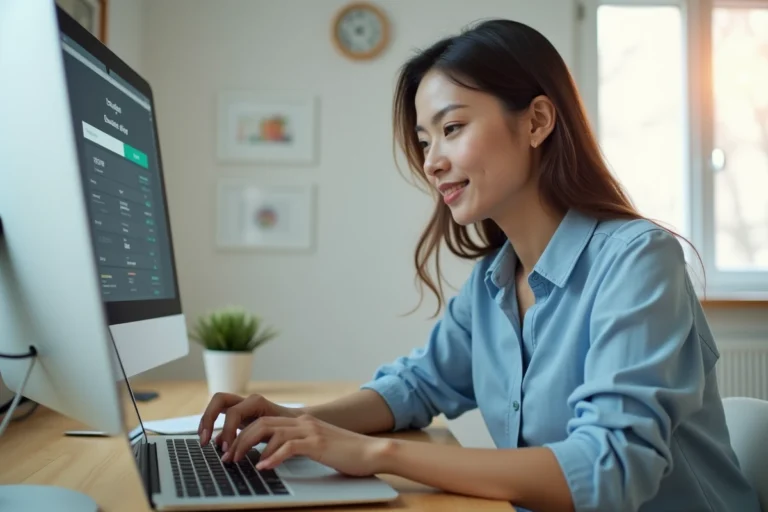 Femme consultant son espace bancaire en ligne sur un ordinateur portable pour obtenir son relevé d'information auto à la Caisse d'Épargne