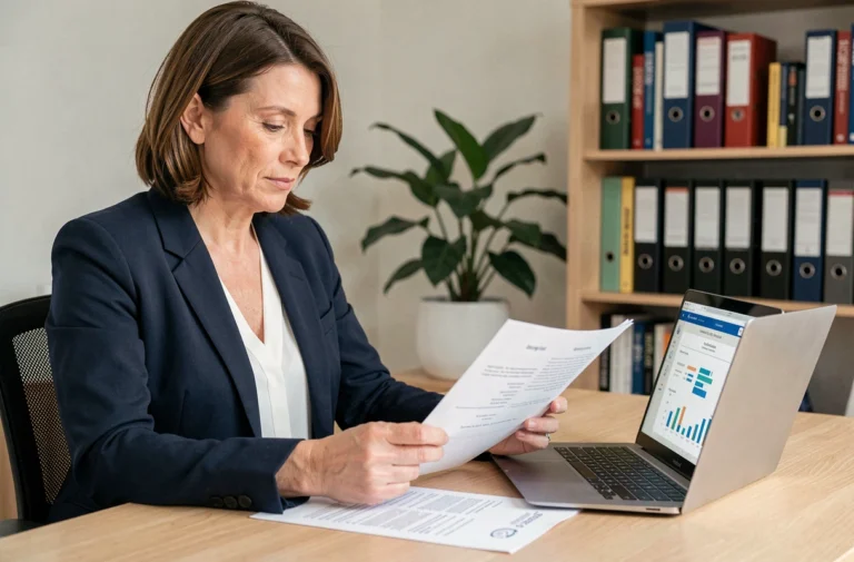 Femme consultant des documents de mutuelle santé 403 à son bureau à domicile