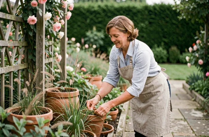 Femme aménageant un chemin en pierre avec des pots en terre cuite et des graminées ornementales dans un jardin paysager luxuriant