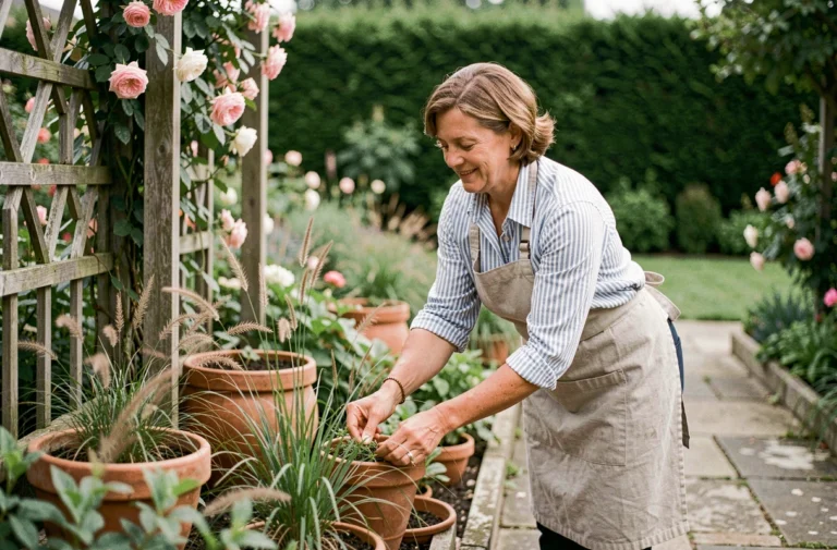 Femme aménageant un chemin en pierre avec des pots en terre cuite et des graminées ornementales dans un jardin paysager luxuriant