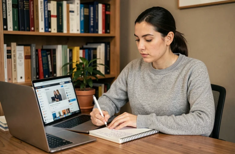 Femme concentrée prenant des notes lors d'une formation en ligne depuis son bureau à domicile