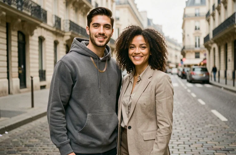 Couple élégant dans un style urbain parisien, homme rappeur et sa compagne souriante dans les rues de Paris