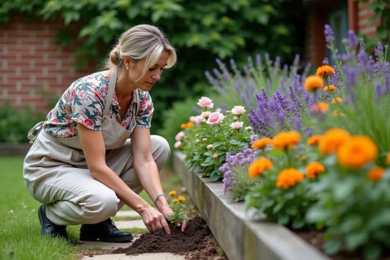 Femme jardinant dans un parterre de fleurs colorées avec lavande, roses et soucis dans un jardin accueillant