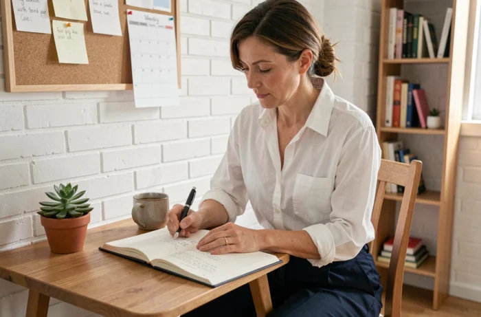 Femme écrivant dans un journal personnel à son bureau pour se reconstruire progressivement après un burn-out