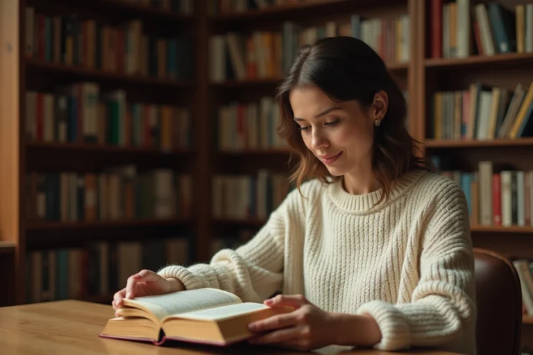 Femme lisant un livre dans une bibliothèque personnelle pour le classement FranceLecture 2026