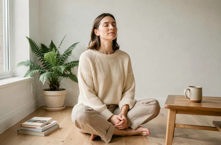 Femme en phase de reconstruction après un burn-out pratiquant la méditation chez elle dans une pièce apaisante et minimaliste