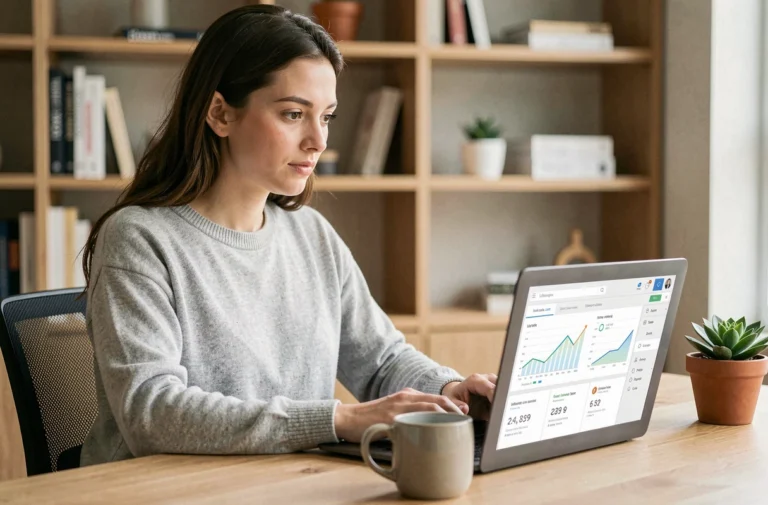 Jeune femme gérant ses liens et revenus en ligne depuis un bureau à domicile moderne avec un tableau de bord analytique sur laptop