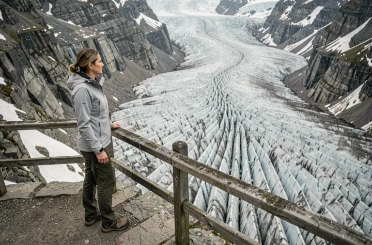Femme observant la Mer de Glace depuis la terrasse de Montenvers à Chamonix, glacier strié visible en arrière-plan