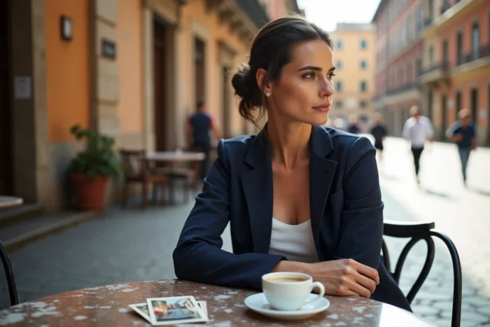 Femme élégante aux origines italiennes attablée dans un café d'une piazza italienne authentique avec cartes postales vintage et espresso