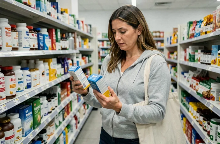 Femme comparant des compléments alimentaires en pharmacie dont Hepaliv, avis consommateur et choix éclairé en rayon santé