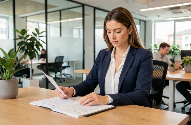 Femme professionnelle en blazer marine révisant son CV dans un bureau moderne pour optimiser sa stratégie de recrutement