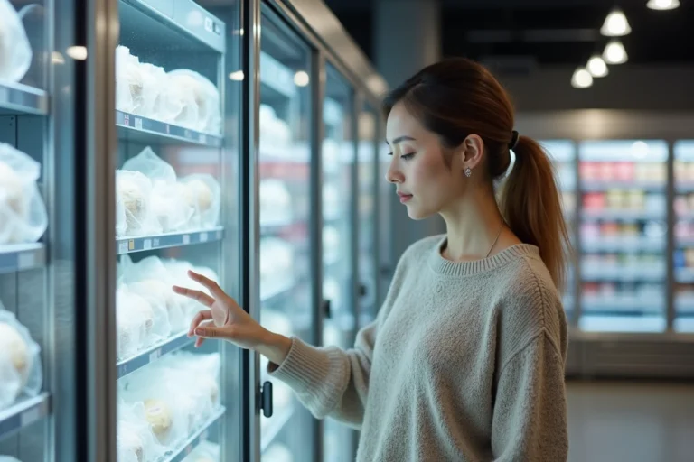 Femme comparant des produits surgelés dans un rayon de supermarché moderne avec des congélateurs vitrés