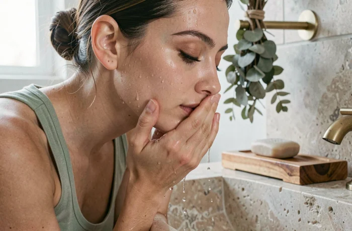 Jeune femme se rinçant le visage au-dessus d'un lavabo en pierre dans une salle de bain naturelle, nettoyage de peau routine beauté