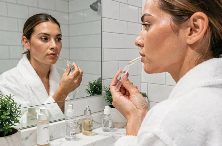Femme appliquant un sérum sur son visage dans une salle de bain minimaliste, routine beauté quotidienne pour une peau éclatante
