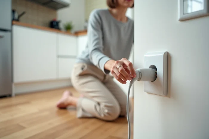 Femme utilisant un testeur de prise pour vérifier la terre dans une cuisine moderne
