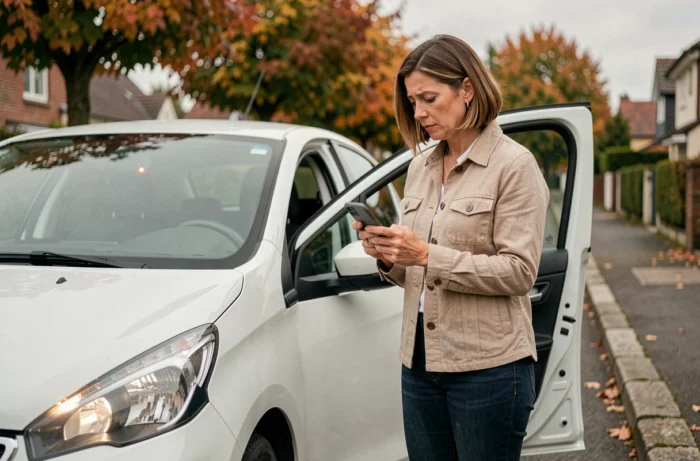 Femme consultant son téléphone devant sa Peugeot 208 suite à l'allumage d'un voyant