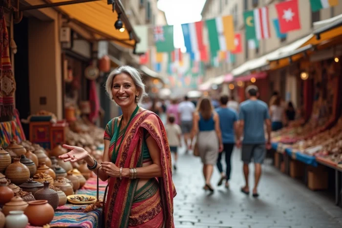 Marché festif multiculturel en plein air avec des visiteurs découvrant des artisanats traditionnels du monde entier