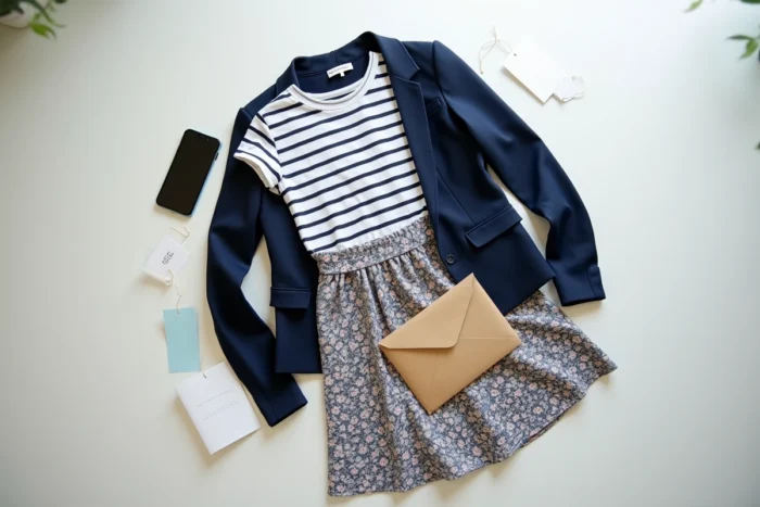 Flat lay de vêtements de seconde main avec téléphone et étiquettes pour vente en ligne Zalando