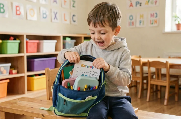 Jeune garçon de maternelle explorant le contenu de son cartable ergonomique dans une salle de classe