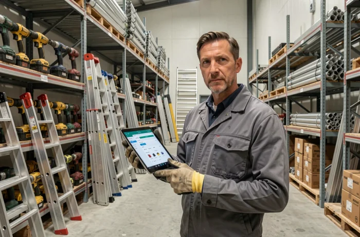 Gérant d'une activité de location de matériel professionnel vérifiant son inventaire dans un entrepôt spécialisé