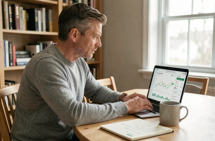 Homme gérant ses finances personnelles en ligne depuis son domicile avec un tableau de bord bancaire numérique