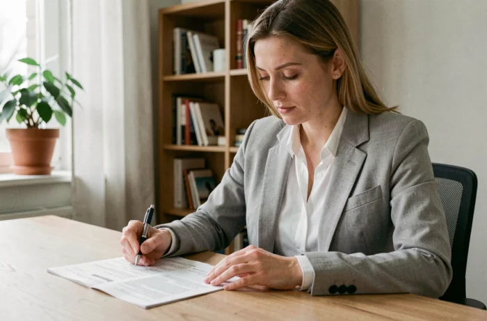 Femme consultant un contrat de bail de location à son bureau à domicile, annotant les clauses importantes avec un stylo