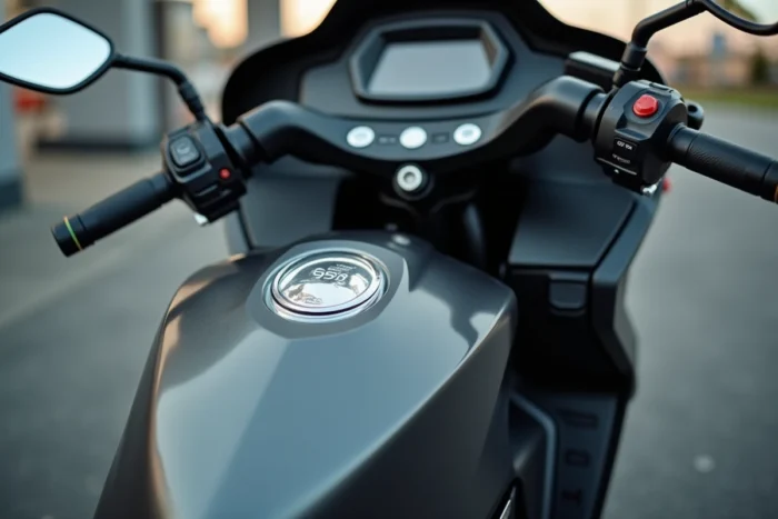 Gros plan sur le bouchon du réservoir d'un Yamaha Tmax 530 en cours de remplissage avec de l'essence sans plomb
