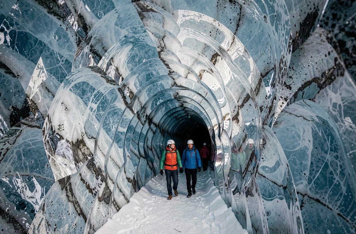 Couple explorant la grotte de glace de la Mer de Glace avec des parois de glace bleue translucide à Chamonix