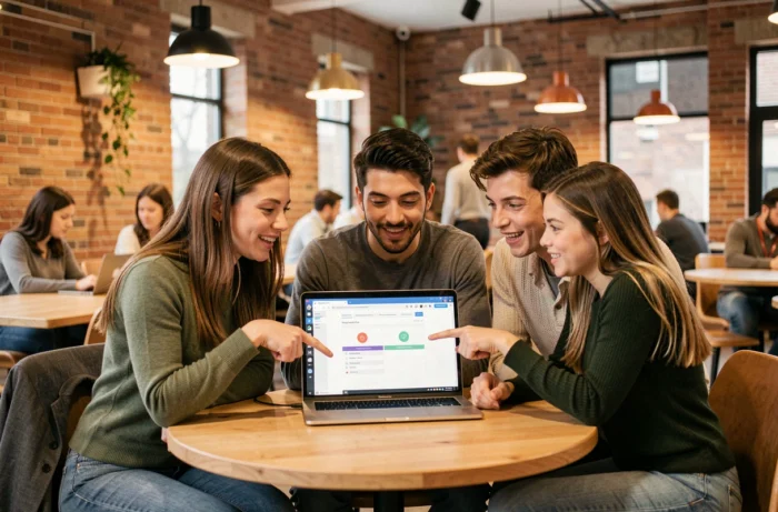 Groupe de jeunes professionnels collaborant autour d'une formation en ligne dans un espace de coworking
