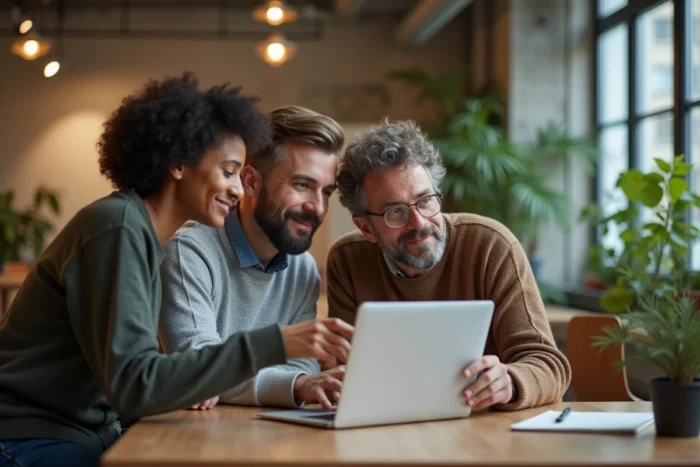 Groupe de personnes explorant ensemble une plateforme de santé innovante sur un ordinateur portable dans un espace de coworking