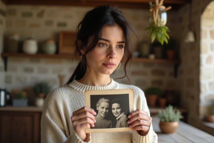 Femme tenant une photographie de famille ancienne dans une cuisine rustique italienne évoquant l'héritage et les racines culturelles