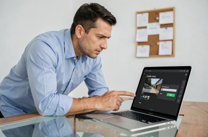 Homme analysant les options de qualité vidéo HDTS sur un ordinateur portable dans un bureau minimaliste