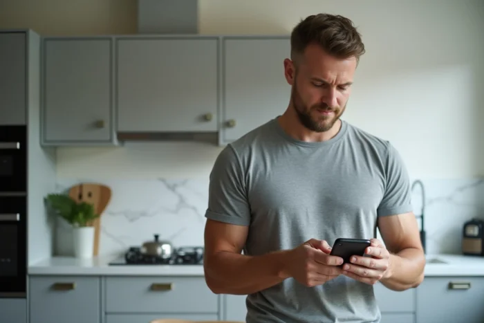 Homme utilisant une application bancaire mobile pour accéder à son relevé d'information assurance auto depuis son domicile