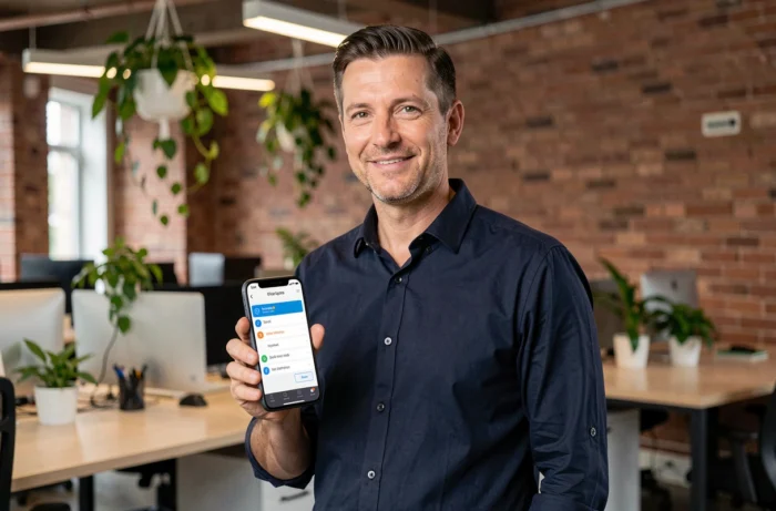 Homme utilisant une application mobile de partage de liens dans un espace de co-working ouvert et moderne