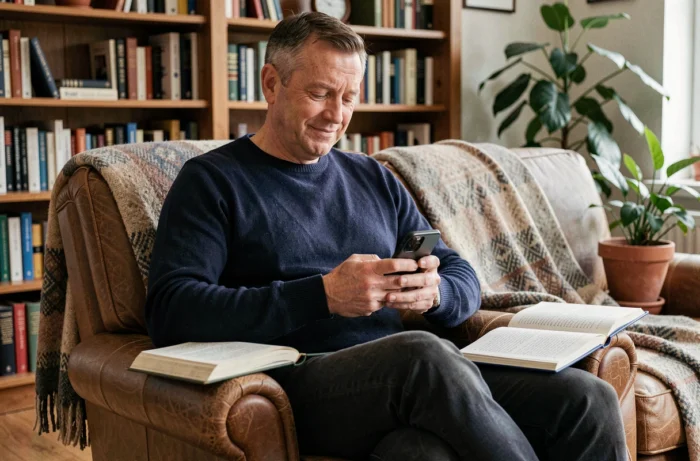 Homme consultant des avis sur Hepaliv sur son smartphone dans son salon, témoignage sincère et retour d'expérience utilisateur
