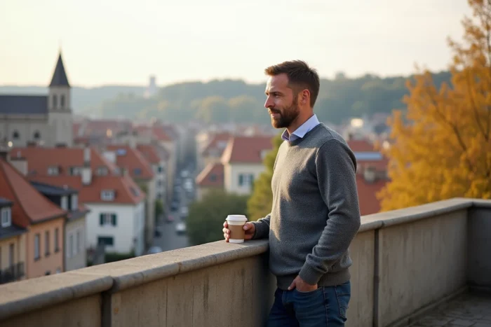 Homme contemplant les toits de Lyon depuis un balcon, réflexion sur l'achat immobilier en 2026