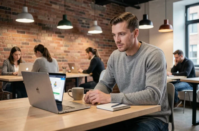 Jeune homme en espace de coworking comparant des formations professionnelles en ligne sur un ordinateur portable