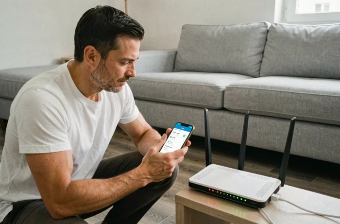 Homme configurant le mot de passe WiFi sur une box Orange avec son smartphone dans le salon