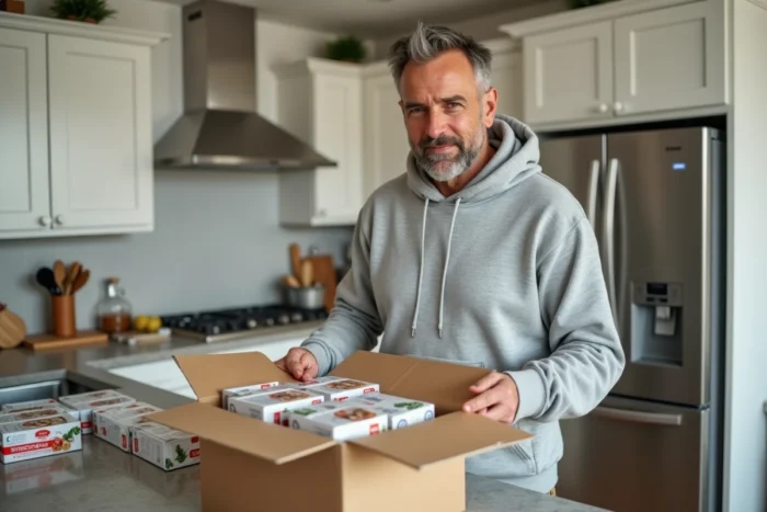 Homme déballant des produits surgelés sur un plan de travail de cuisine moderne