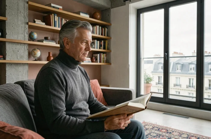 Homme distingué aux cheveux gris assis dans un appartement parisien moderne, tenant un livre ouvert dans une atmosphère cultivée et personnelle