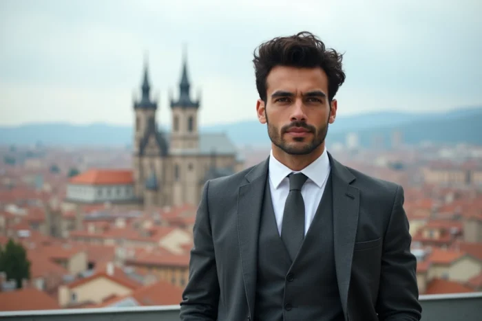 Homme élégant en costume gris sur un toit terrasse avec panorama de ville européenne, symbolisant la beauté et le style masculin