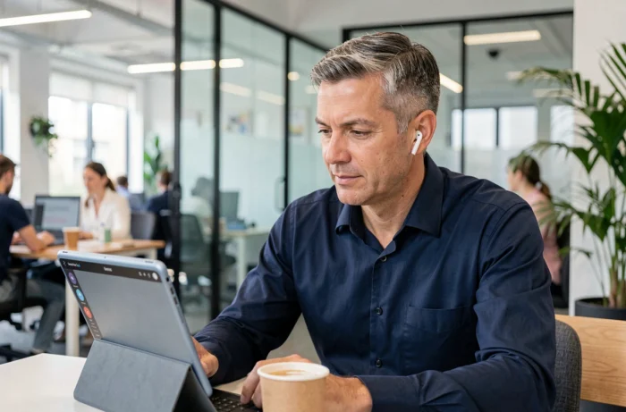 Homme en formation professionnelle en ligne avec une tablette dans un espace de bureau moderne