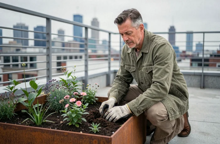 Homme agenouillé installant des plantes vivaces dans un bac en acier corten sur une terrasse urbaine contemporaine avec vue sur la ville