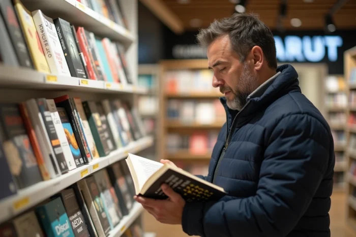 Homme consultant des livres notés dans une librairie moderne pour le guide FranceLecture