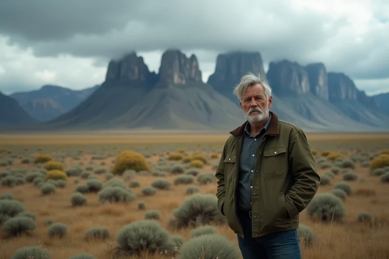 Homme aux cheveux gris en veste de cire devant les paysages sauvages de Patagonie sous un ciel d'orage
