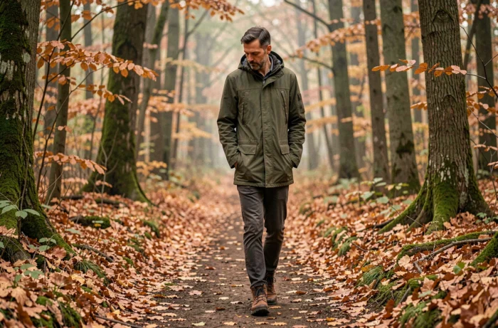 Homme se ressourçant dans la nature en forêt après un burn-out professionnel, symbole de reconquête intérieure