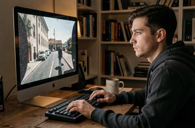 Homme regardant un film en qualité HDTS sur un écran d'ordinateur avec des artefacts de compression visibles