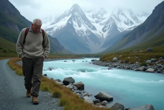 Silhouette d'un homme marchant seul le long d'une rivière glaciaire turquoise au pied des Andes en Patagonie dans la brume