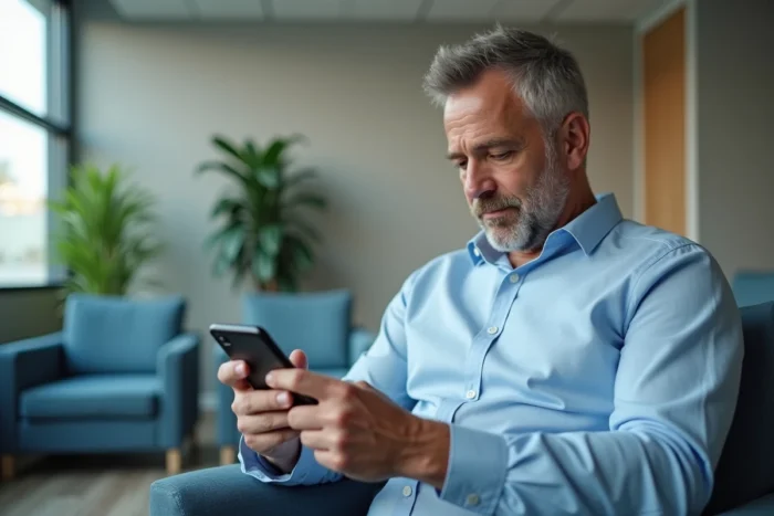 Homme consultant son tableau de bord de santé numérique sur smartphone dans une salle d'attente médicale moderne