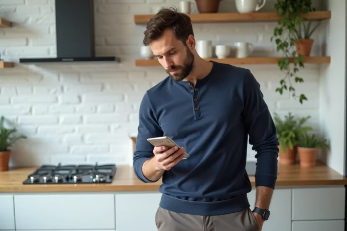 Homme consultant une application de shopping mode sur son smartphone dans une cuisine moderne minimaliste, portant un Henley bleu marine